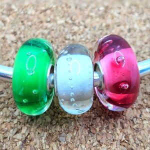3/$25 🩷 PINK GREEN WHITE BUBBLES MURANO STERLING SILVER CHARM BEAD FOR PANDORA